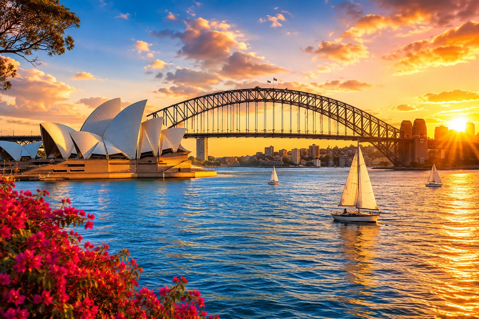 Study in Australia - Sydney Opera House and Harbour Bridge at sunset