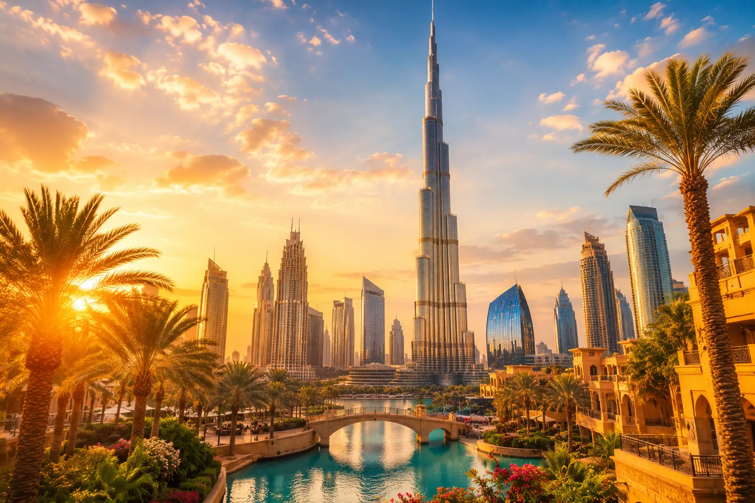 Study in Dubai - Burj Khalifa and modern skyline at golden hour