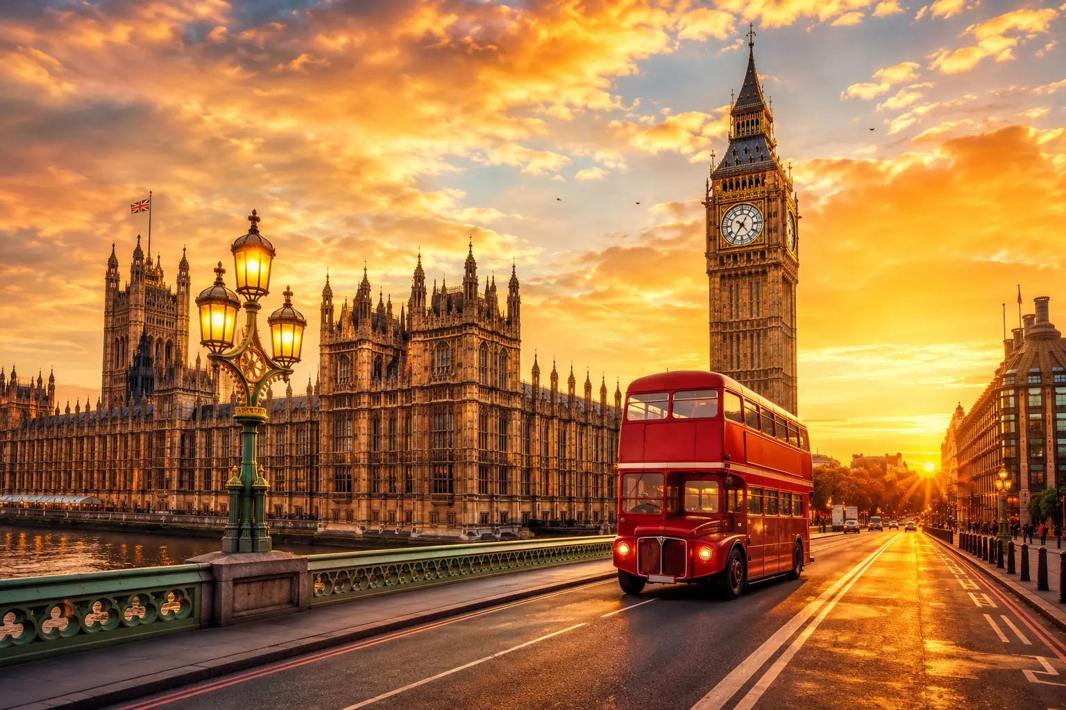 Study in the United Kingdom - London skyline with Big Ben and red bus
